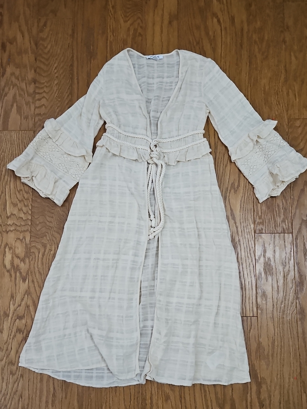 Peace Love World Gauze Duster Cardigan White Boho Lace Ruffle Trim XXS